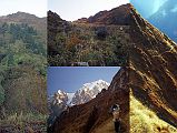 205 Trail From Shepherds Kharka To Thulo Bugin �We left ... at about 7 o'clock in the morning and we climbed rather steeply and quickly to a pass which was at about 14,500 feet [4400m]� (Maurice Herzog, Annapurna). The trail from Shepherd�s Kharka to Thulo Bugin started out gently but became very steep and dangerous, with Nilgiri South ahead.